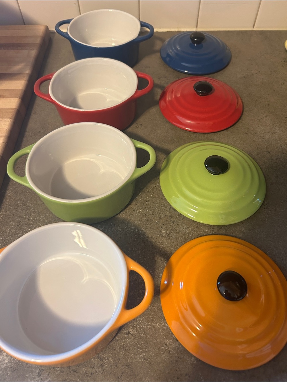 Creative Co-Op Stoneware Mini Cocotte Set in Blue, Red, Lime, Orange